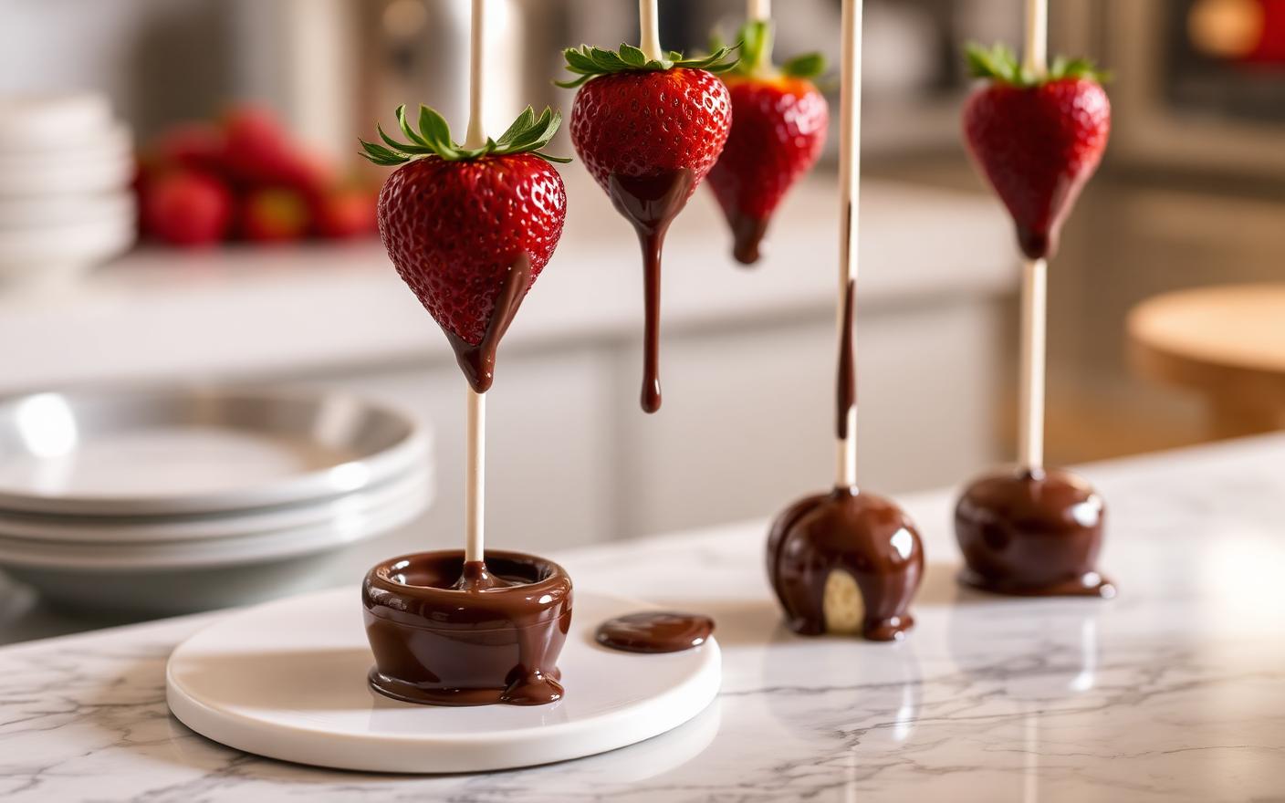 Strawberries and cake pops dipped in melted chocolate with drips setting on a marble counter