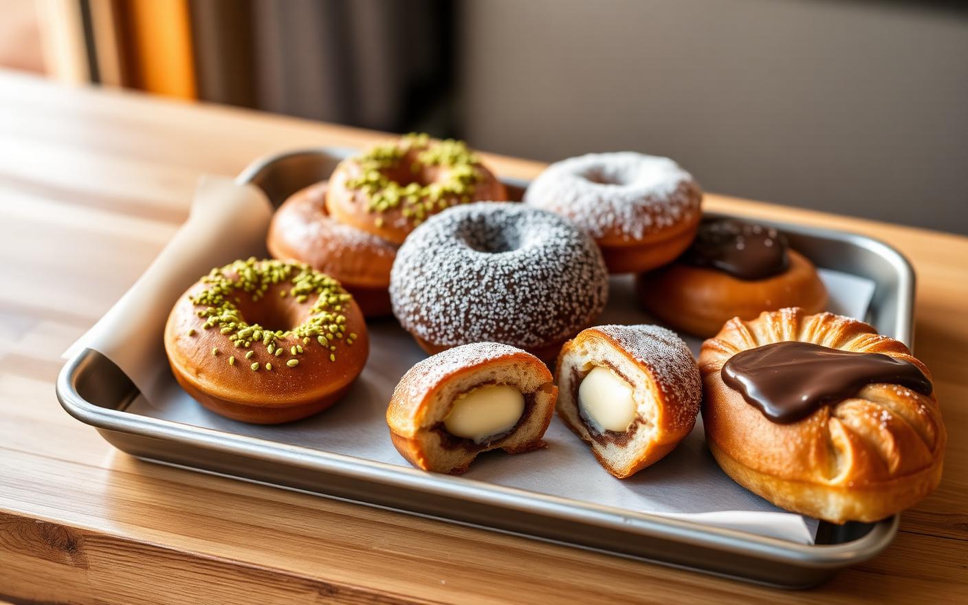 Tray of filled donuts and pastries cut open showing pistachio, custard and chocolate fillings