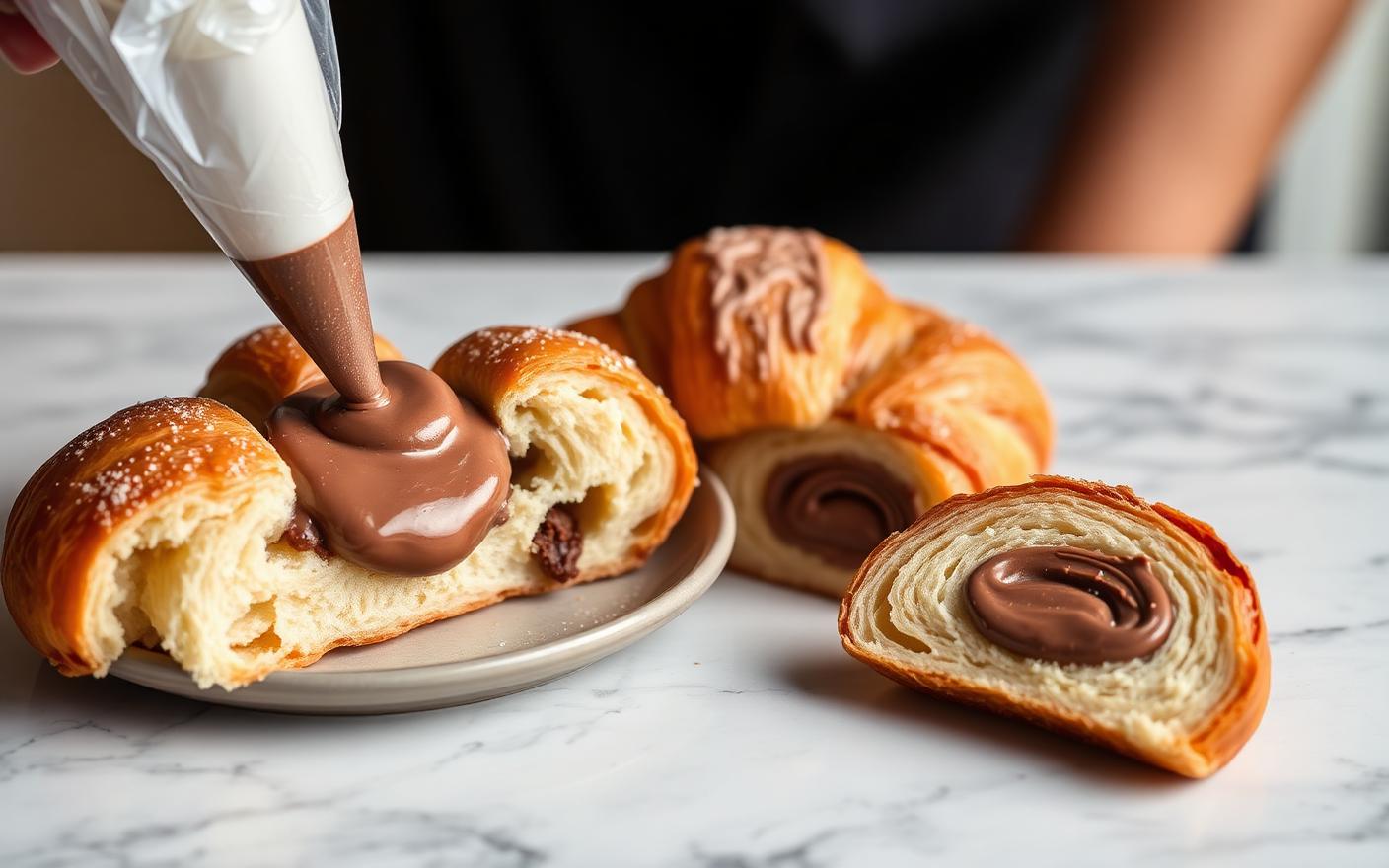 Croissant being filled with hazelnut spread from a piping bag beside a filled croissant cut in half