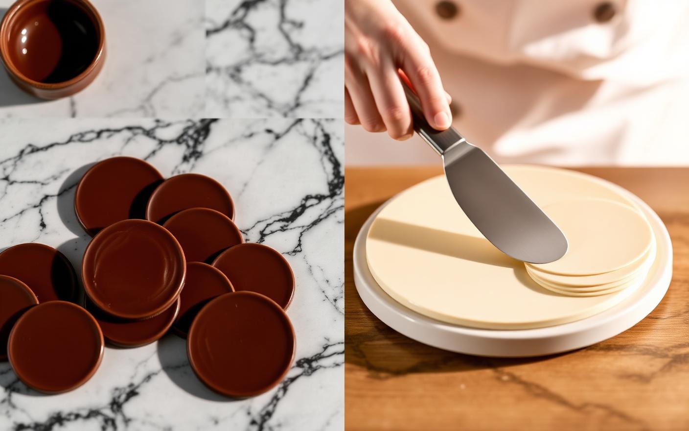 Glossy couverture chocolate discs next to pale compound coating wafers being handled with a palette knife