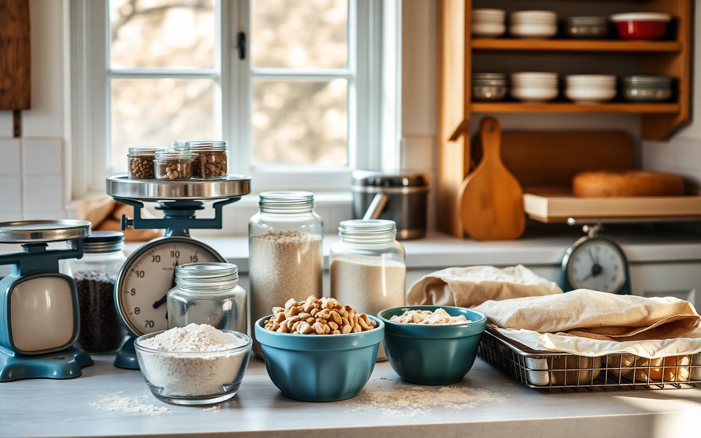 Home bakery worktop with organised jars of ingredients, scales and mixing bowls