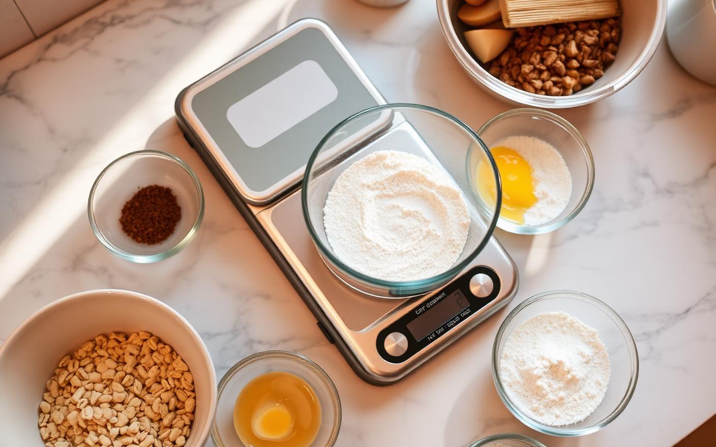 Digital kitchen scale weighing flour in grams surrounded by prepped ingredient bowls