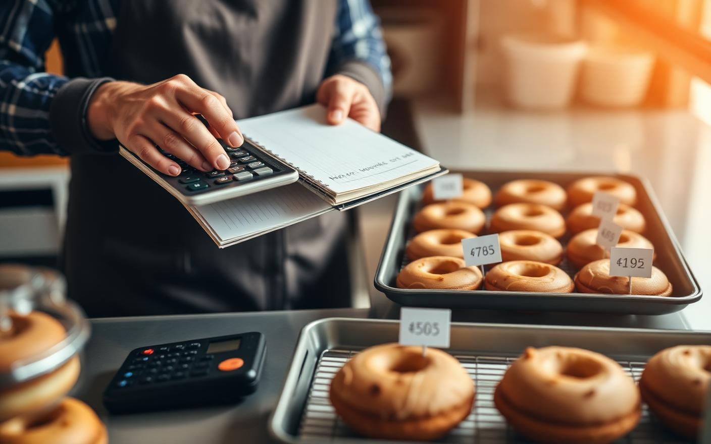 Bakery owner costing pastries with a calculator and notebook beside trays of priced products