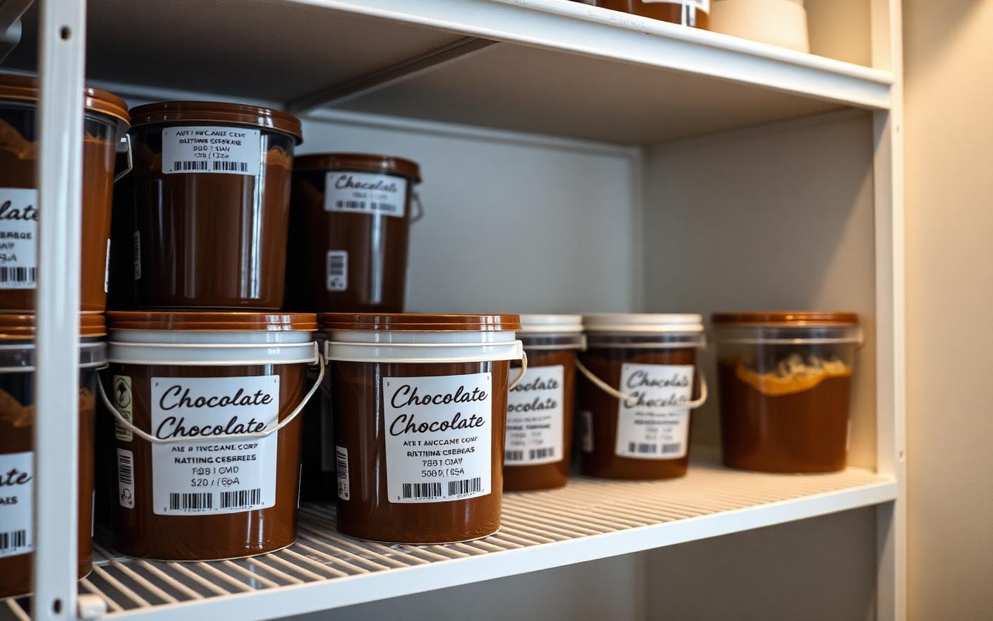 Labelled buckets of chocolate spread and bakery filling stored on shelving in a cool dry storeroom