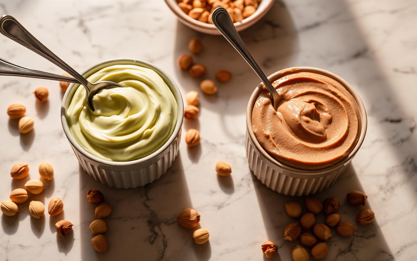 Bowls of pistachio cream and hazelnut spread with spoons, surrounded by pistachios and hazelnuts