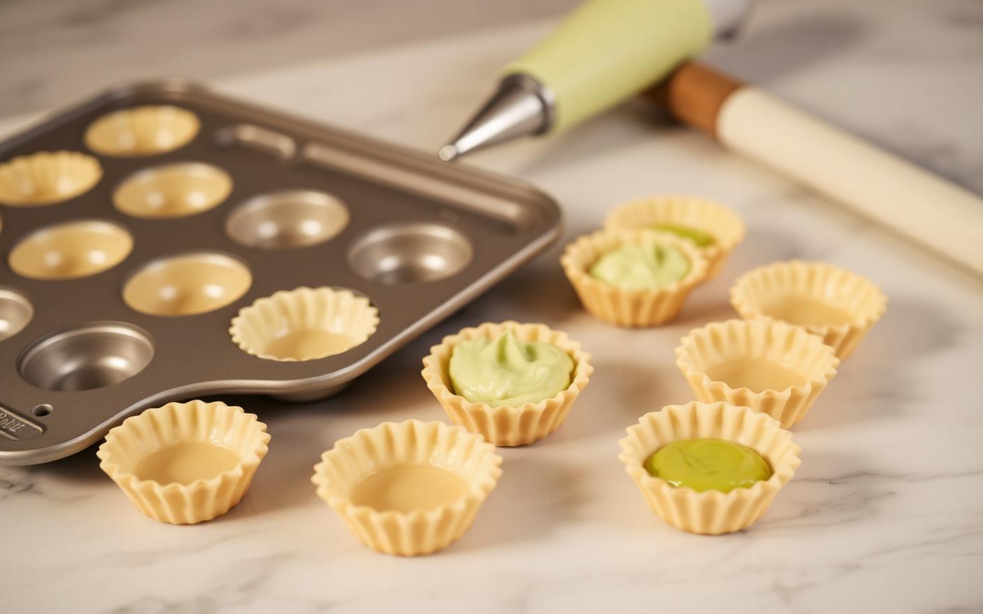 Ready-to-fill mini tart shells on a marble bench, some piped with pistachio cream