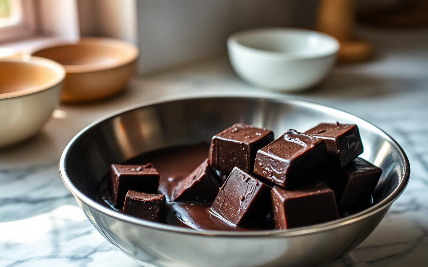 Blocks of dark compound chocolate coating melting in a stainless steel bowl on a marble bakery bench
