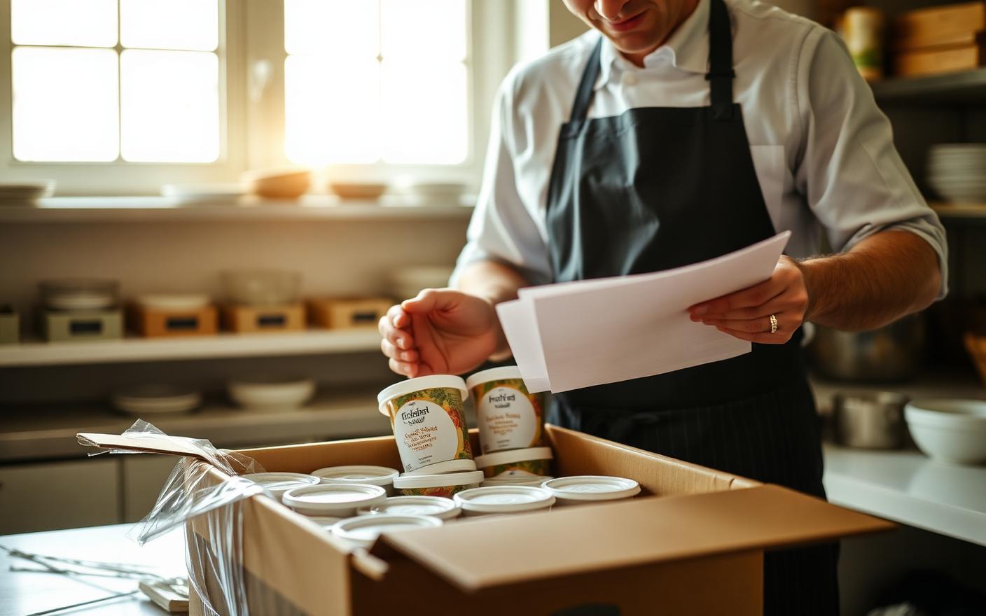 Pastry chef unpacking a delivery box of baking ingredient tubs and checking the packing list