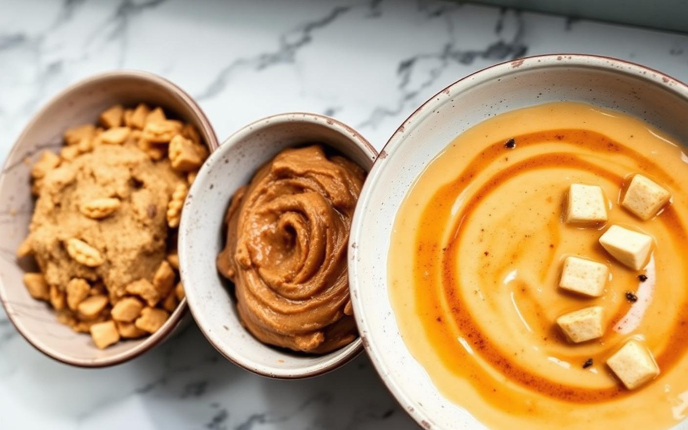 Three bowls comparing a bake-stable filling, a nut spread and a chunky ripple sauce