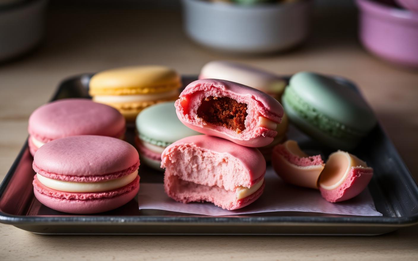 Macaron shells on a tray with one cut open revealing a hollow interior
