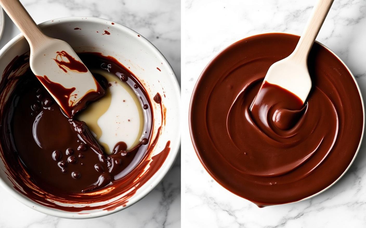 Split greasy ganache in one bowl next to a smooth glossy emulsified ganache in another