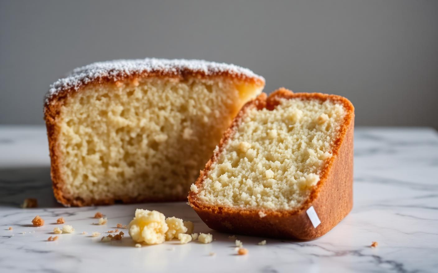 Dry crumbly cake slice next to a moist tender slice with crumbs on a marble surface